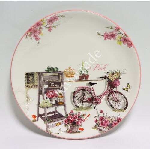 Kerámia tányér, bicikli rózsával mintával 