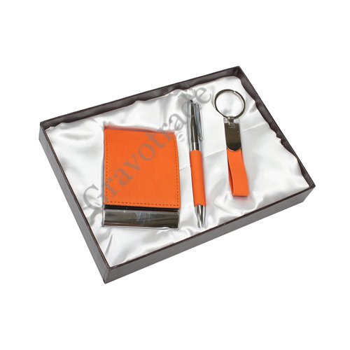Műbőr névjegytartó, kulcstartóval és tollal narancs