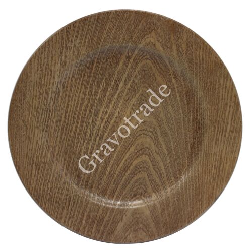 Dekorációs kör alakú műanyag tálca, fa erezetű világos barna, 33 cm