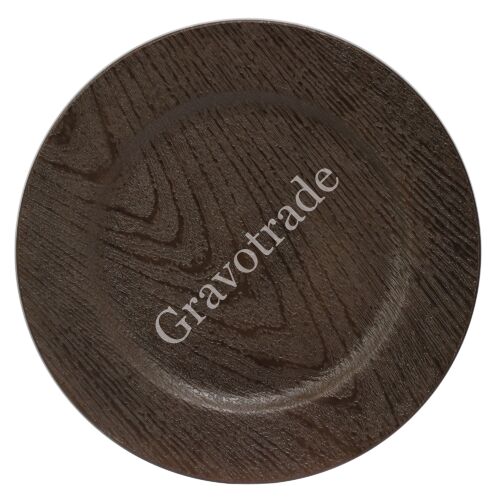 Dekorációs kör alakú műanyag tálca, fa erezetű sötét  barna, 33 cm