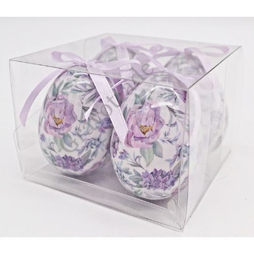 Műanyag dekor tojás lila virágos  mintával  4 db / csomag